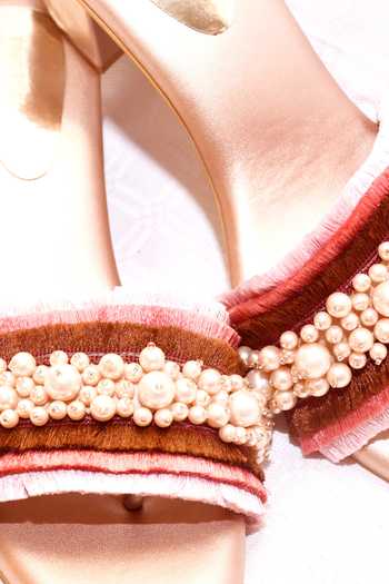 Foot Fuel_Gold Pearls, Lace Mast Embellished Block Heels _Online_at_Aza_Fashions