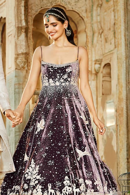 Matsya_Wine Velvet Floral Pattern, Forest Scoop Neck Royal Masai Embellished Gown _Online_at_Aza_Fashions