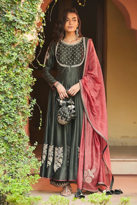 MATSYA Chanderi Silk Embroidered Anarkali with Dupatta 