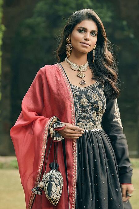 Matsya_Black Chanderi Silk Embroidered Kurta And Sharara Set  _Online_at_Aza_Fashions