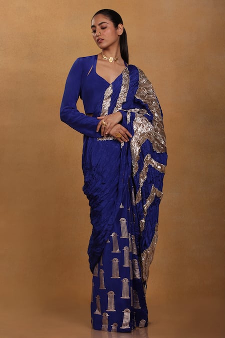 Buy_Masaba_Blue Crepe Printed Saree _Online_at_Aza_Fashions