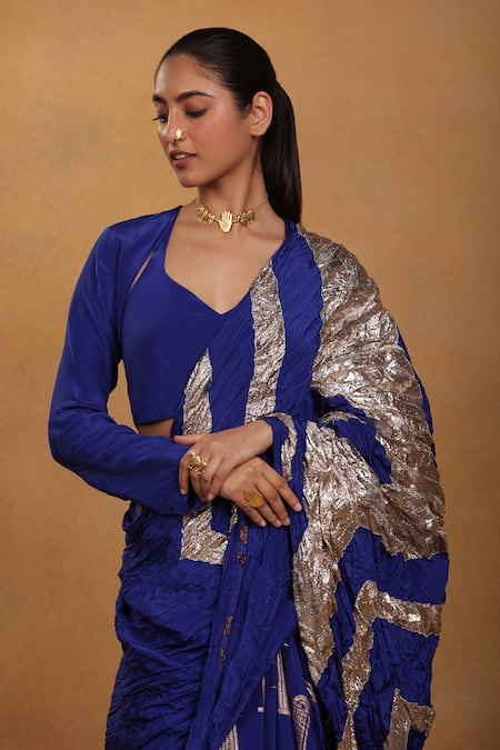 Shop_Masaba_Blue Crepe Printed Saree _Online_at_Aza_Fashions