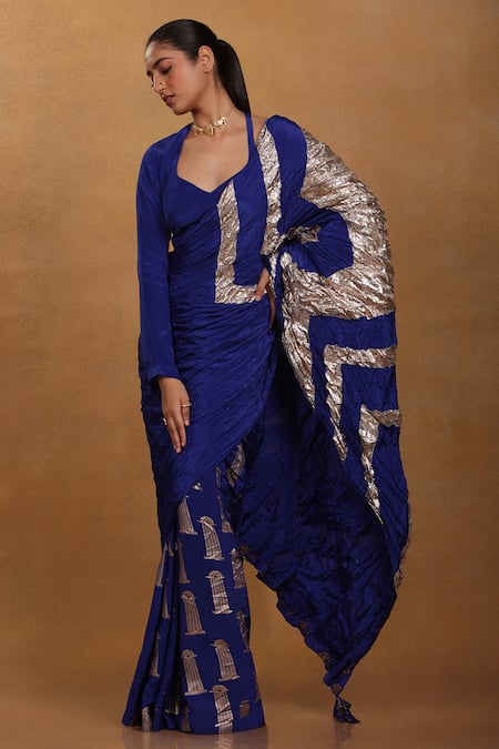Masaba_Blue Crepe Printed Saree _Online_at_Aza_Fashions