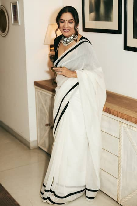 Masaba Ivory Chanderi Mul And Raw Silk Sportee Saree