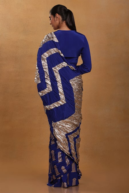 Shop_Masaba_Blue Crepe Printed Saree _at_Aza_Fashions