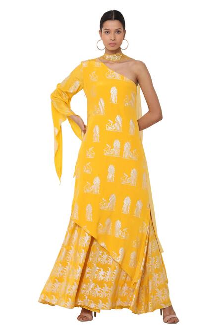 Masaba_Yellow Crepe On E Shoulder Kurta And Palazzo Set_Online_at_Aza_Fashions