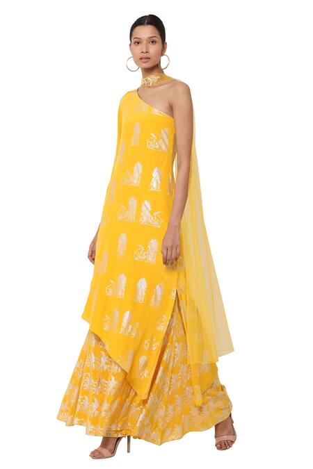 Buy_Masaba_Yellow Crepe On E Shoulder Kurta And Palazzo Set_Online_at_Aza_Fashions