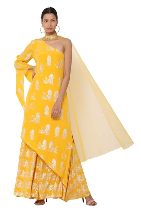 Masaba Yellow Crepe On E Shoulder Kurta And Palazzo Set