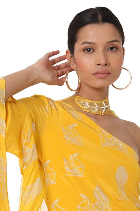 Shop_Masaba_Yellow Crepe On E Shoulder Kurta And Palazzo Set_Online_at_Aza_Fashions