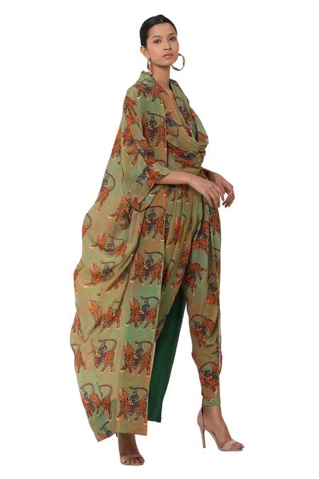 Masaba_Green Crepe Printed Cape Dhoti Pant Set_Online_at_Aza_Fashions