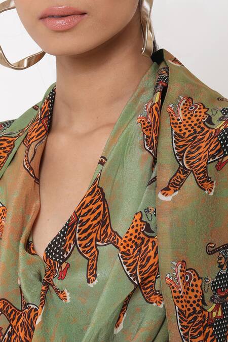 Masaba_Green Crepe Printed Cape Dhoti Pant Set_at_Aza_Fashions