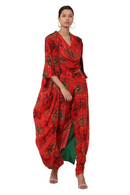 Shop_Masaba_Red Crepe Printed Jacket Dhoti Pant Set_Online_at_Aza_Fashions