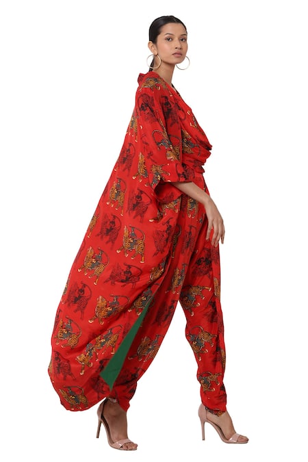 Masaba_Red Crepe Printed Jacket Dhoti Pant Set_Online_at_Aza_Fashions