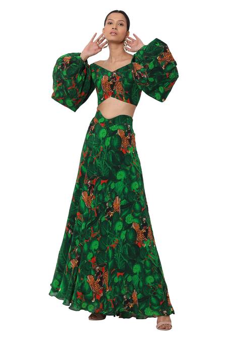 Shop Masaba Green Crepe Printed Lehenga Set Online at Aza Fashions Shop_Masaba_Green Crepe Printed Lehenga Set_Online_at_Aza_Fashions