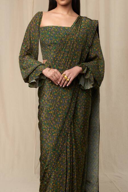 Buy_Masaba_Green Saree With Unstitched Blouse Fabric