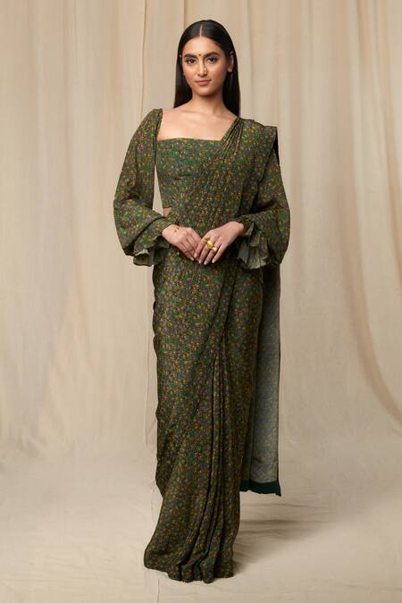 Masaba_Green Saree With Unstitched Blouse Fabric_Online_at_Aza_Fashions