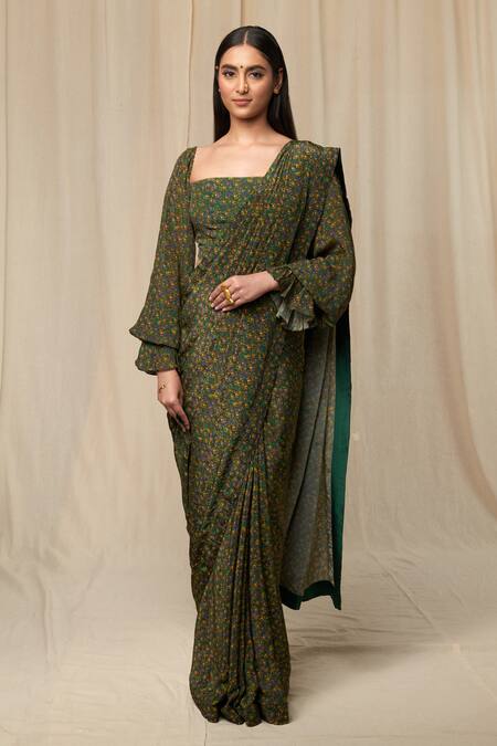 Buy_Masaba_Green Saree With Unstitched Blouse Fabric_Online_at_Aza_Fashions