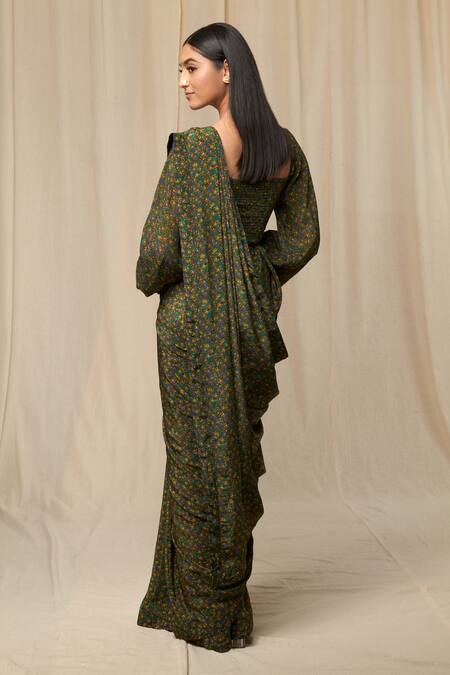 Shop_Masaba_Green Saree With Unstitched Blouse Fabric_Online_at_Aza_Fashions
