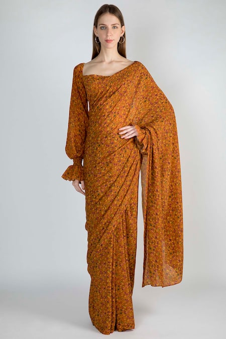 Buy Masaba Yellow Printed Crepe Saree Online at Aza Fashions Buy_Masaba_Yellow Printed Crepe Saree_Online_at_Aza_Fashions