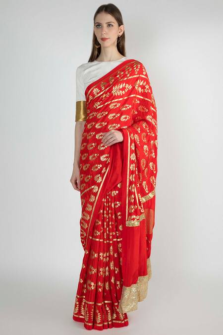 Masaba_Blue Chanderi Printed Saree_Online_at_Aza_Fashions