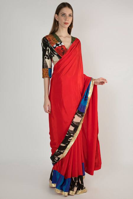 Buy_Masaba_Red Crepe Saree With Unstitched Blouse Fabric_Online_at_Aza_Fashions
