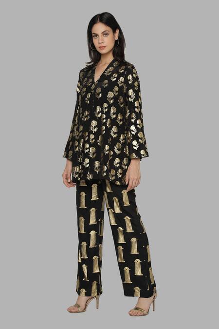 Buy_Masaba_Black Crepe V Neck Printed Tunic And Pant Set_Online_at_Aza_Fashions