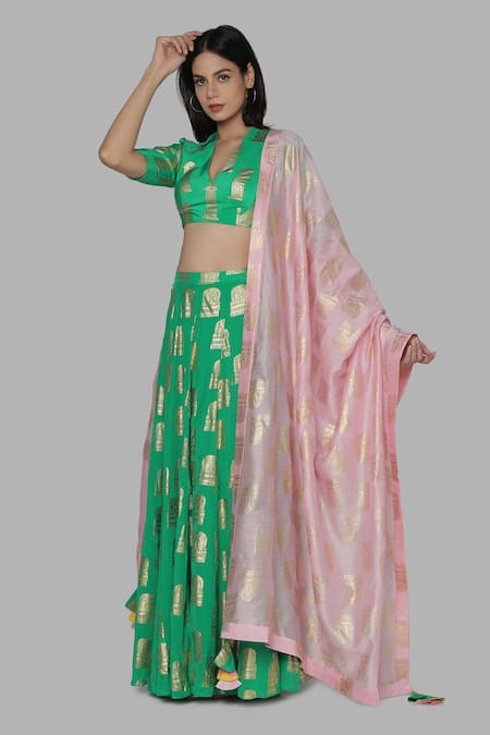 Masaba Green Crepe Printed Lehenga Set