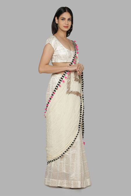 Masaba_White Chanderi Printed Saree_Online_at_Aza_Fashions