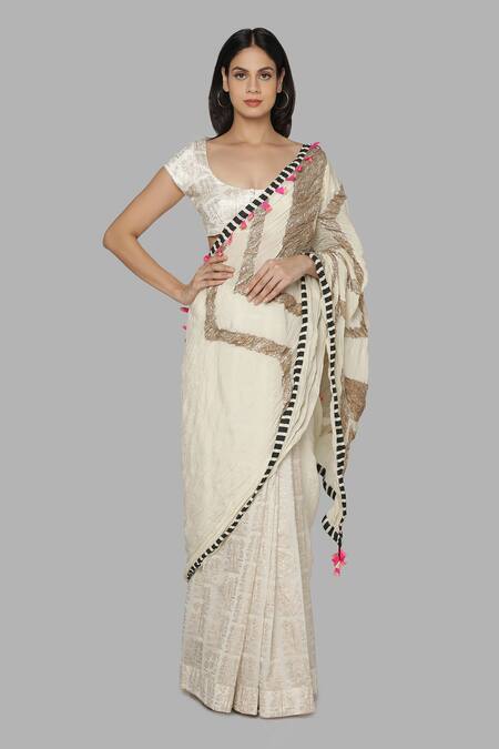 Buy_Masaba_White Chanderi Printed Saree_Online_at_Aza_Fashions