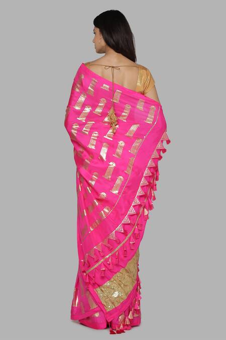 Shop_Masaba_Pink Silk Foil Print Saree_at_Aza_Fashions