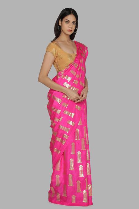 Masaba_Pink Silk Foil Print Saree_Online_at_Aza_Fashions
