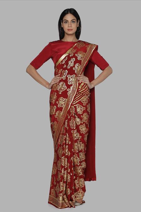 Masaba_Maroon Crepe Foil Print Saree_Online_at_Aza_Fashions