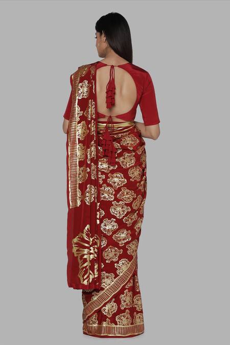 Shop_Masaba_Maroon Crepe Foil Print Saree_at_Aza_Fashions