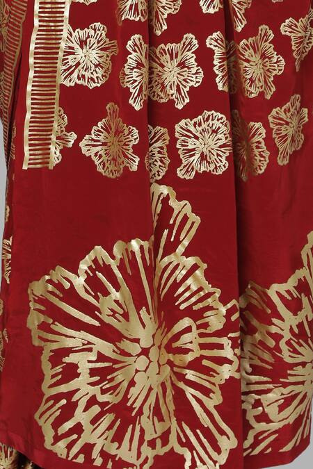 Shop_Masaba_Maroon Crepe Foil Print Saree_Online_at_Aza_Fashions