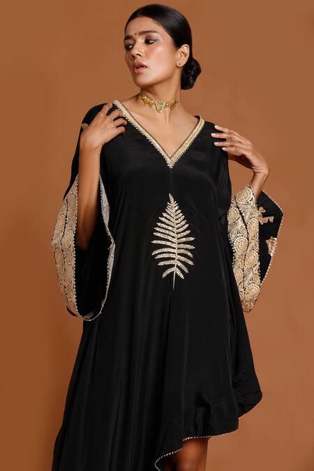 Masaba_Black Crepe V Neck Embroidered Asymmetric Kaftan _at_Aza_Fashions
