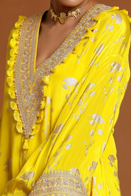 Shop Masaba Yellow Crepe V Neck Foil Print Asymmetric Kaftan Online at Aza Fashions Shop_Masaba_Yellow Crepe V Neck Foil Print Asymmetric Kaftan_Online_at_Aza_Fashions