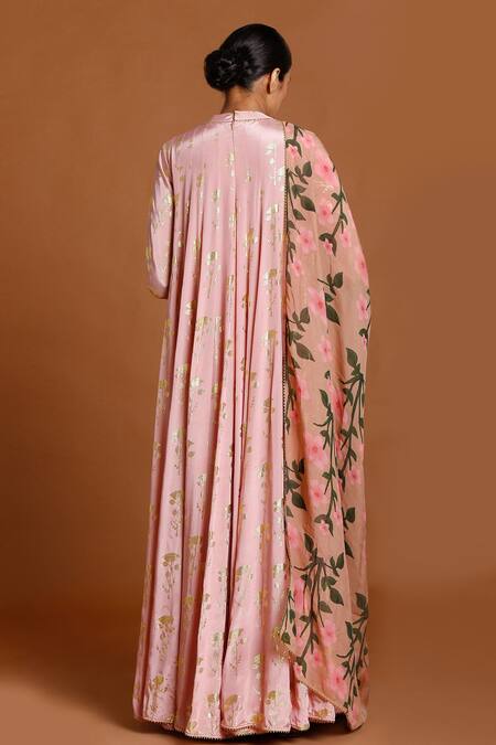 Shop Masaba Pink Periwinkle Foil Print Anarkali With Dupatta at Aza Fashions Shop_Masaba_Pink Periwinkle Foil Print Anarkali With Dupatta_at_Aza_Fashions