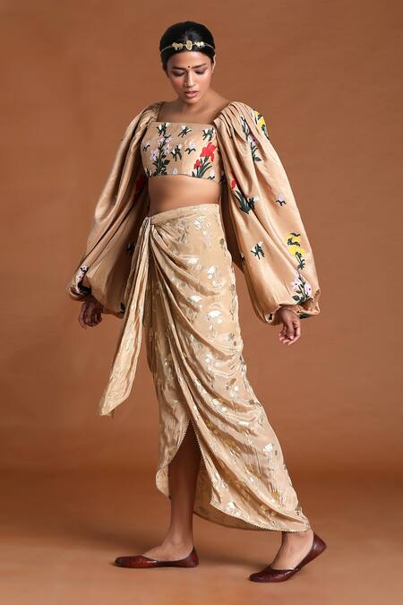 Buy_Masaba_Beige Silk Periwinkle Drape Skirt Set_Online_at_Aza_Fashions