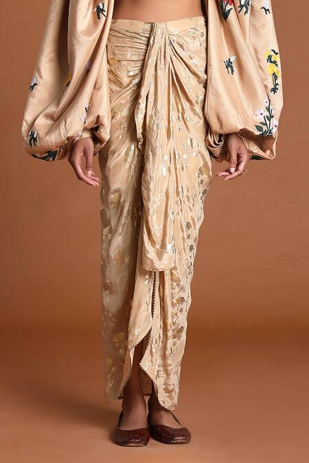 Shop_Masaba_Beige Silk Periwinkle Drape Skirt Set_Online_at_Aza_Fashions