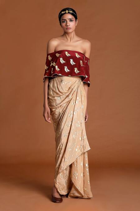 Masaba_Beige Crepe Periwinkle Draped Skirt Set_Online_at_Aza_Fashions