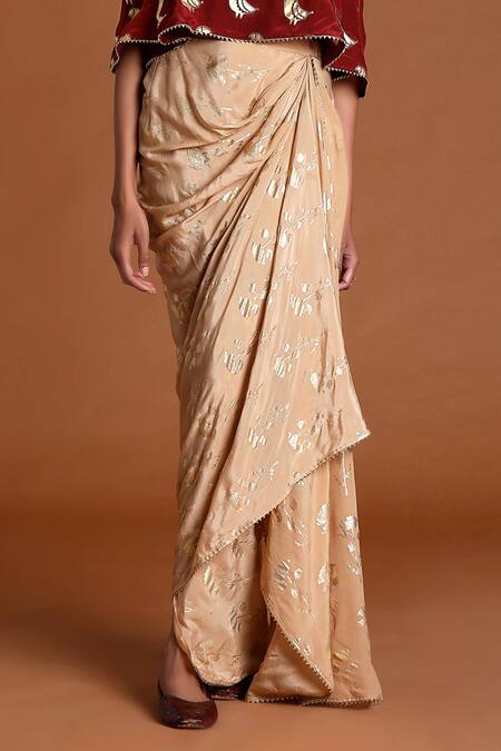 Shop_Masaba_Beige Crepe Periwinkle Draped Skirt Set_Online_at_Aza_Fashions