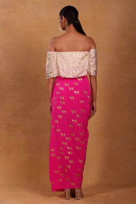 Shop_Masaba_White Top Crepe And Skirt Silk Foil One Moor Khadee & Draped Set_at_Aza_Fashions