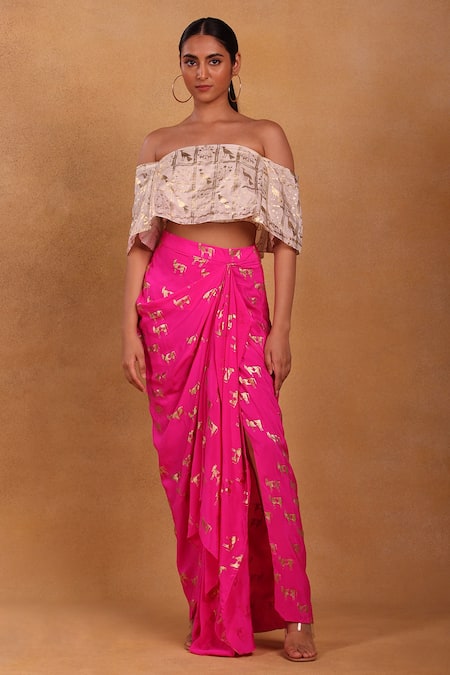 Masaba_White Top Crepe And Skirt Silk Foil One Moor Khadee & Draped Set_Online_at_Aza_Fashions