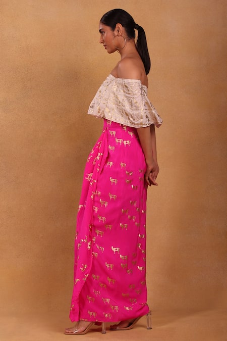 Buy_Masaba_White Top Crepe And Skirt Silk Foil One Moor Khadee & Draped Set_Online_at_Aza_Fashions