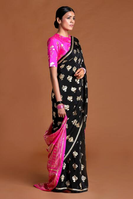 Masaba_Black Silk Fin Lake Saree_Online_at_Aza_Fashions