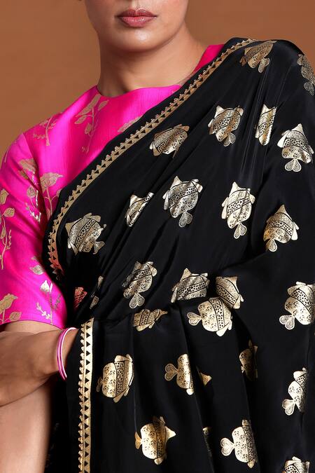 Shop_Masaba_Black Silk Fin Lake Saree_Online_at_Aza_Fashions