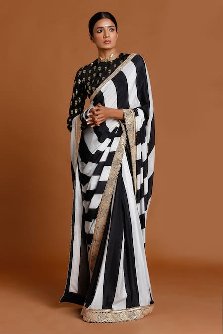 Buy kashvi sarees Striped Daily Wear Georgette White, Black Sarees Online @  Best Price In India | Flipkart.com