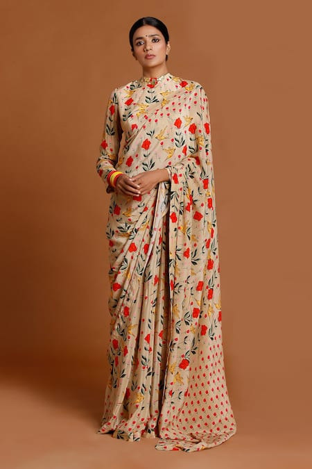 Masaba Beige Crepe Hummingbird Print Saree