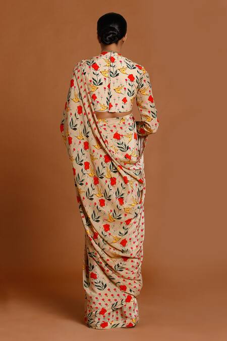 Shop_Masaba_Beige Crepe Hummingbird Print Saree_at_Aza_Fashions