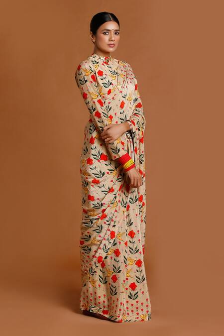 Masaba_Beige Crepe Hummingbird Print Saree_Online_at_Aza_Fashions
